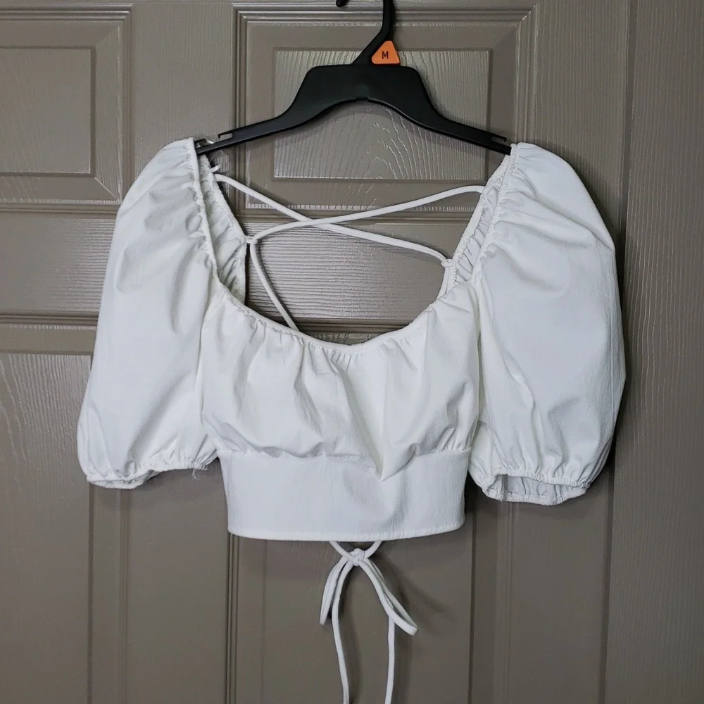 NWO Zara White Puff Sleeve Ruched Blouse Lace Up Open Back Top Size Large
